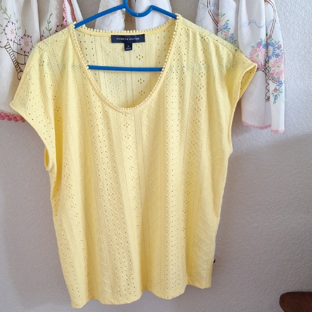 Tommy Hilfiger Yellow Eyelet Short Sleeve Top